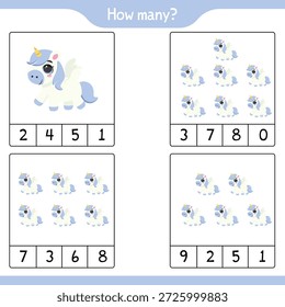 Unicorn math counting educational worksheet