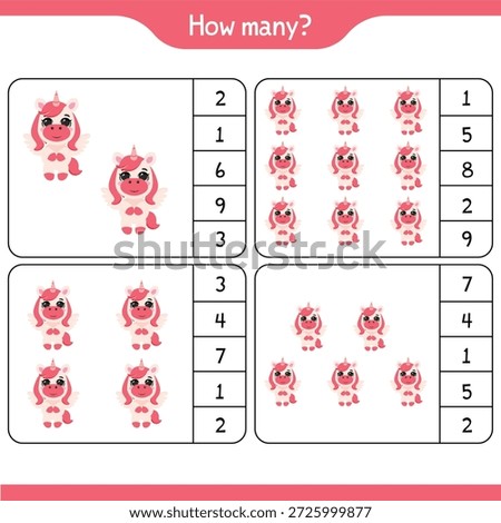 Unicorn math counting educational worksheet