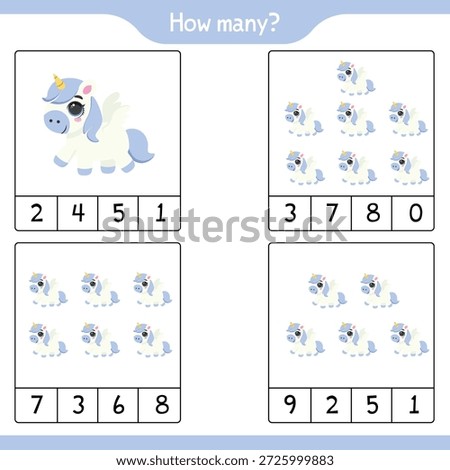 Unicorn math counting educational worksheet