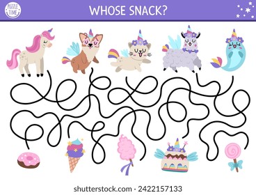 Unicorn maze for kids with fantasy animals with horns and dessert snacks. Magic world preschool printable activity with cat, dog, llama, narval, sweets. Simple fairytale labyrinth game, puzzle
