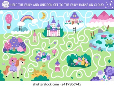 Unicorn maze for kids with fantasy country map, castle, fairy house. Magic world preschool printable activity with mountains, pond, rainbow, forest, path. Fairytale labyrinth game or puzzle
