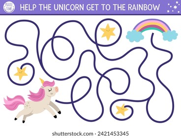 Unicorn maze for kids with fantasy horse with horn running to rainbow. Magic world preschool printable activity with stars. Simple fairytale labyrinth game or puzzle
