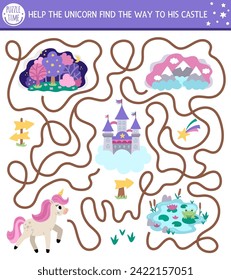 Unicorn maze for kids with fantasy horse with castle, magic forest, mountains, lake. Magic world preschool printable activity with nature scenes. Simple fairytale labyrinth game or puzzle
