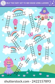 Maíz unicornio para niños con princesa pequeña, arco iris. Actividad imprimible en el preescolar del mundo mágico. Simple juego de laberinto o rompecabezas de cuento de hadas. Ayude a la hada a llegar a su casa con nubes usando escaleras
