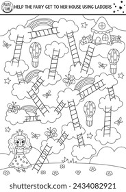 Unicorn maze for kids with little princess, rainbow. Magic world preschool printable activity. Black and white fairytale labyrinth game, puzzle or coloring page. Help the fairy get to her house
