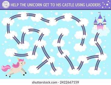 Maíz unicornio para niños con cielo, arcoiris. Actividad imprimible en el preescolar del mundo mágico. Simple juego de laberinto o rompecabezas de cuento de hadas. Ayudar al pony a llegar al castillo en las nubes usando escaleras
