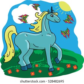 The unicorn in the meadow with butterflies