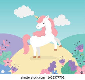 unicorn meadow flowers nature fantasy magic cute cartoon vector illustration