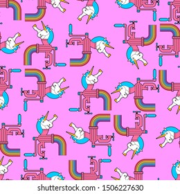 Unicorn in meat grinder pattern seamless. rainbow minced meat background. Magic ornament. vector texture
