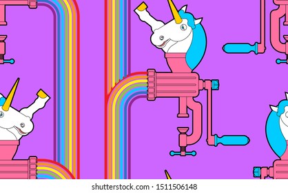 Unicorn in meat grinder pattern seamless. rainbow minced meat background. Magic ornament. vector texture
