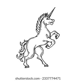 Einhornmittelalterliche Heraldische Tierskizze, Vektor königliche Heraltrode. Handgezeichnetes Pferd, das auf Hinterbeinen steht, mit verdrehtem Horn für antikes Wappen, Insignien oder Wappen. Vintage-Einhorn-Tätowierung