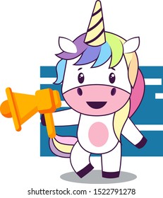 Unicórnio com megafone, ilustração, vetor sobre fundo branco.