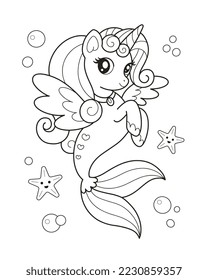 Ilustración de la página de color de la sirena de unicornio