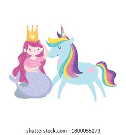 unicorn and mermaid with crown princess magic cartoon vector illustration