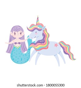 unicorn and mermaid magic cartoon isolated icon design background vector illustration