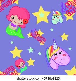 unicorn and mermaid pattern with inscriptions on purple background