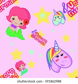unicorn and mermaid pattern on rose background
