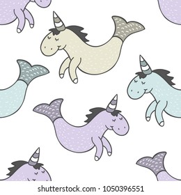 Unicorn with mermaid tail. Cute kid vector seamless pattern. Nursery design. Birthday party invitation, banner baby shower card and more.