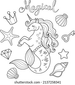 Unicorn with mermaid tail, seashells, crown, key and diamond. Vector outline for coloring page