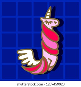 Unicorn metal pin. Letter "J" unicorn. Written by unicorns. Letter in the style of the unicorn. Fairytale font. Trend print on a T-shirt. Unicorn alphabet.