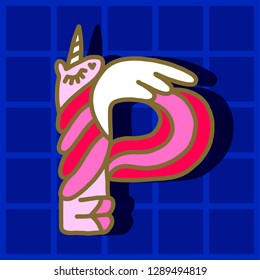 Unicorn metal pin. Letter "P" unicorn. Written by unicorns. Letter in the style of the unicorn. Fairytale font. Trend print on a T-shirt. Unicorn alphabet.