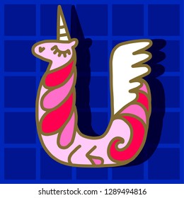 Unicorn metal pin. Letter "U" unicorn. Written by unicorns. Letter in the style of the unicorn. Fairytale font. Trend print on a T-shirt. Unicorn alphabet.