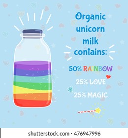 Unicorn milk in bottle cartoon illustration, with heart, star. Hand drawn vector picture for kid textile, card, pin, t-shirt print design. Fashion trend. Fairy tale, magic wand, funny and fantasy idea