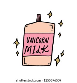 Unicorn milk bottle doodle art. Good for t-shirts. postcards and stickers. Vector illustration.