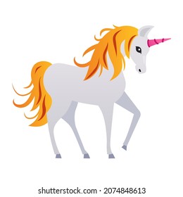 Unicorn - modern flat design style single isolated object. Neat detailed image of magical white horse with a golden mane and a pink sparkling horn on its head. Mythical animal from a fairy tale