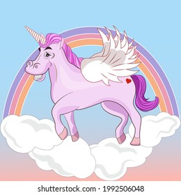 Unicorn in a modern style. Blue background. Horse with wings. Vector. Illustration. Flat style.Rainbow with clouds. Horn