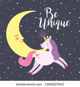 Unicorn and moon smiling be unique fantasy cartoons vector graphic digital image