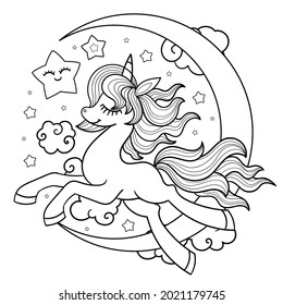 Unicorn with moon and star. Black and white line image. Designed for coloring books, prints, posters, postcards, stickers, tattoos, etc. Vector