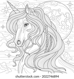 Unicorn and moon.Coloring book antistress for children and adults. Illustration isolated on white background.Zen-tangle style.