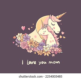 Unicorn Mother and child girl, in flowers and hearts. Fantasy cartoon character mom and kid magic pony animals together. Vector illustration for Mother's day card, design