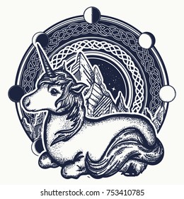 Unicorn and mountains in the circle tattoo and t-shirt design, celtic style. Great outdoors. Symbol of dreams, tales, fantasies, adventure tourism, meditation 