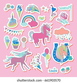 Unicorn multicolor stickers with cake, sweets, ice-cream, cloud, stars, flag, unicorns and baloons