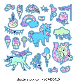 Unicorn multicolor stickers with unicorn, clouds, ice-cream and bow