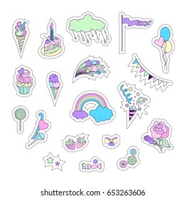 Unicorn multicolor stickers with fireworks, stars, cake, sweets, ice-cream, cloud, balloons and flag