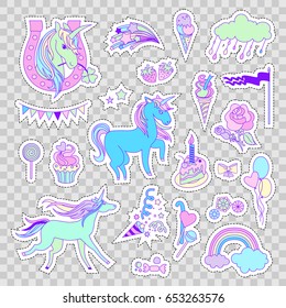 Unicorn multicolor stickers with unicorns, cake, sweets, ice-cream, cloud, stars and flag