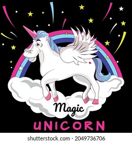 Unicorn with multi-colored hair. Rainbow and clouds. Comet. Stars. Magic animal. Horse. Pony. Flat style. Cartoon. Stock Vector illustration. Horse. Black background. Children's picture. Card. Cover.