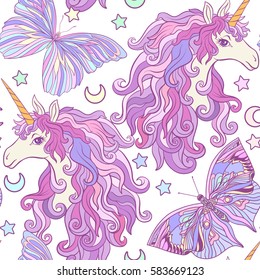 Unicorn with multicolored mane and butterflies. Seamless pattern in pink, purple colors. On a white background. Stock vector.