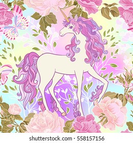 Unicorn with multicolored mane, butterfly rainbow, star and love heart. Seamless pattern. in purple and pink colors. On a colorful background. Stock vector.