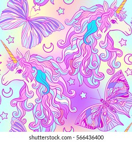 Unicorn with multicolored mane, butterfly rainbow, star and love heart. Seamless pattern in pink, purple colors. On a colorful background. Stock vector.