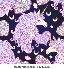 Unicorn with multicolored mane, butterfly rainbow, star. Seamless pattern in pink, purple colors. On a black background. Stock vector.