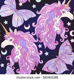 Unicorn with multicolored mane, butterfly rainbow, star. Seamless pattern in pink, purple colors. On a black background. Stock vector.