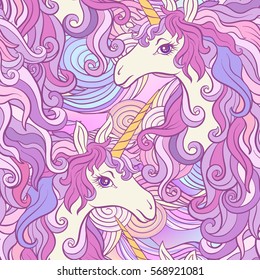 Unicorn with multicolored mane. Seamless pattern in pink, purple colors. On a colorful background. Stock vector.