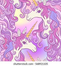 Unicorn with multicolored mane. Seamless pattern in pink, purple colors. On a colorful background. Stock vector.