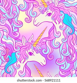 Unicorn with multicolored mane. Seamless pattern in pink, purple colors. On a colorful background. Stock vector.