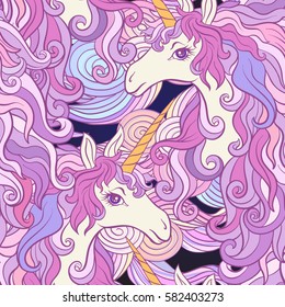Unicorn with multicolored mane. Seamless pattern in pink, purple colors. On a black background. Stock vector.