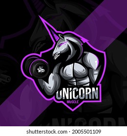 Unicorn muscle mascot logo esport design template